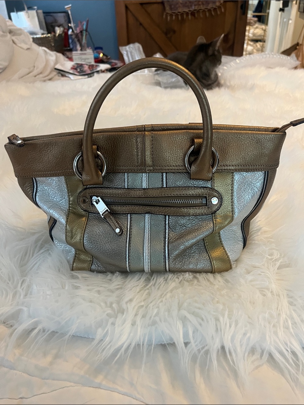 Tignanello Metallic Taupe and Pewter Multi-Panel Leather Shoulder Bag